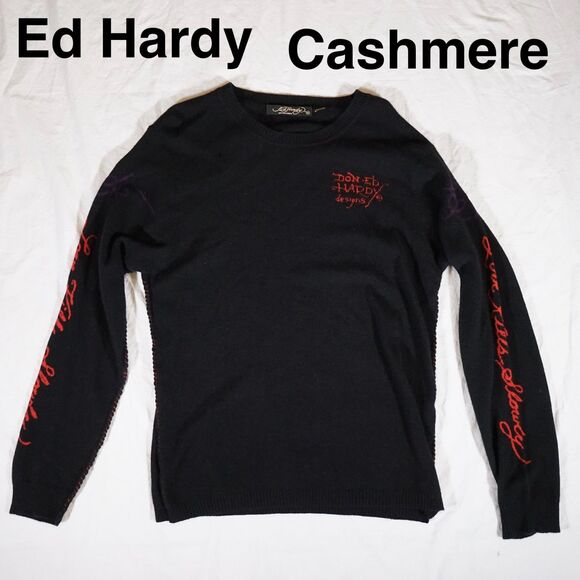 Ed Hardy Cashmere Sweater “Love Kills Slowly” Graphic Bulldog Holes see Photos